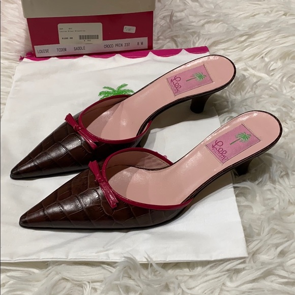 Lilly Pulitzer Louise Brown Croc Kitten Heel Mules - Picture 11 of 11